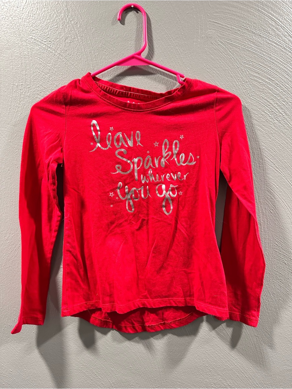 Basic Editions Red Long Sleeve Top with Silver Sparkle Script